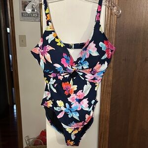 Tribal Navy Floral Twist-Front One-Piece